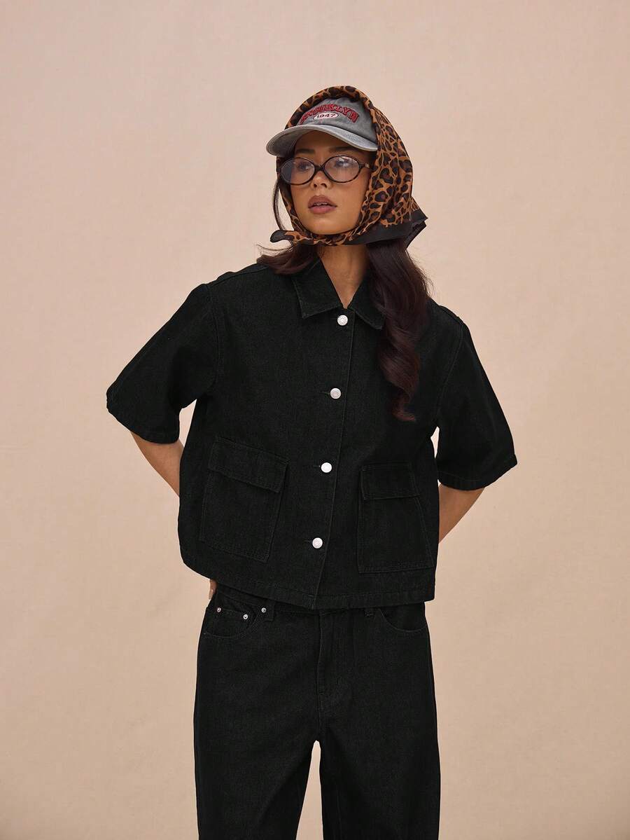 MUSERA Áo denim dáng rộng, cổ bẻ, cài cúc, tay lửng, thích hợp cho mùa hè, phong cách thường ngày, dễ thương, đi nghỉ mát, đi lễ hội, hòa nhạc, miền Tây, trở lại trường học, thời trang đường phố, công sở, mùa đông, Nashville, ốc đảo, sang trọng, mùa xuân. - màu đen - Xem 1