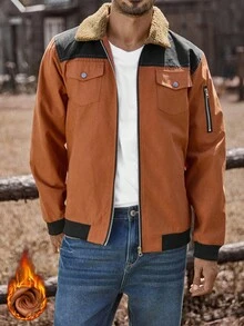 Manfinity Nomadique Men's Contrast Color Sherpa Collar Zip Front Casual Jacket Men Jackets Casual Men Bomber Jacket , Fall - Brown - View 6