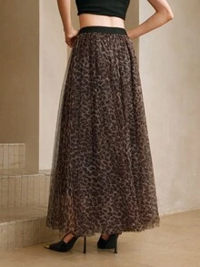 Arave Women's Woven Mesh Leopard Print Digital Print Fabric Elastic Waist Double Mesh 3D Leopard Print Design Elegant Date Long Skirt Fall Clothes For Women Cheetah Print - Brown - View 3
