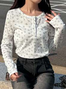 FRIFUL 女式圆领长袖碎花修身休闲领口 T 恤，百搭秋冬 - 彩色 - 查看 10