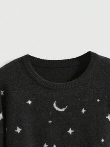 ROMWE Goth 哥特式黑暗教堂与城堡，月亮与星星提花套头衫，适合万圣节 - 黑色 - 查看 3