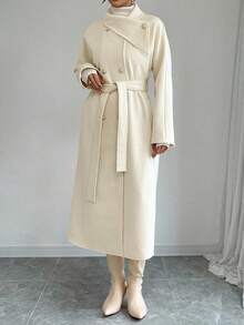 Elenzga 女士时尚百搭纯色双排扣大衣，秋冬 - 杏色 - 查看 6