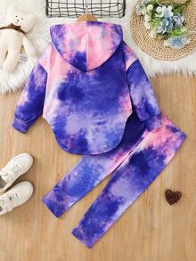 SHEIN 年轻女孩扎染不对称下摆落肩连帽衫和紧身裤 2 件套服装，舒适，秋冬，非常适合休闲和日常穿着和学校日常，酷炫街头女孩，Y2K 女孩 - 彩色 - 查看 4