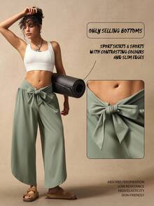 VARSIVA 女士纯色打结腰部阔腿宽松休闲裤 - 綠色 - 查看 1