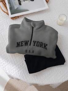 SHEIN 少女可爱字母印花立领蓬松上衣&松紧腰长裤套装 - 灰色 - 查看 4