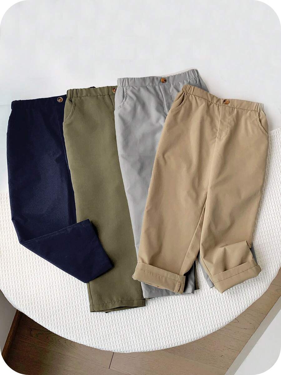 SHEIN Quần dài rộng rãi thoải mái phong cách học viện thường ngày LMoss Kids 4 món/bộ cho bé trai mùa thu, màu trơn, thiết kế nút và túi, rộng rãi, thoải mái, đa năng cho các hoạt động ngoài trời, kỳ nghỉ, tiệc tùng, trường học, mặc ở nhà, thích hợp cho mùa xuân và mùa hè - Nhiều màu - Xem 1