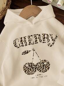 SHEIN Leap Crew Sweat-shirt à capuche épais à manches longues pour filles pré-adolescentes, imprimé vintage léopard et cerise, convient pour l'automne/l'hiver - Beige - Voir 3