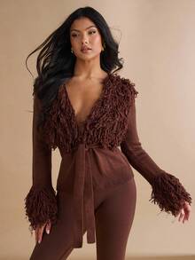 Silquee Damen Lässig einfarbige Langarm Bindegürtel Strickjacke Ausgehoberbekleidung, Büro Fransentops, Musik Festival Tops, Taille raffende Tops und Ausgehtops für Herbst/Winter - Braun - Übersicht 6