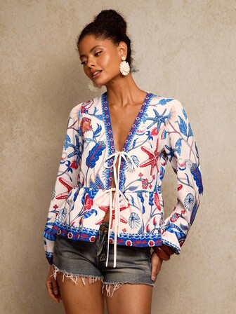 Travachic 女士长袖领口衬衫，海星印花，适合外出度假，秋冬季