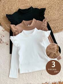 LMoss Kids Set de 3 camisetas casuales de cuello redondo con volantes de unicolor para niña