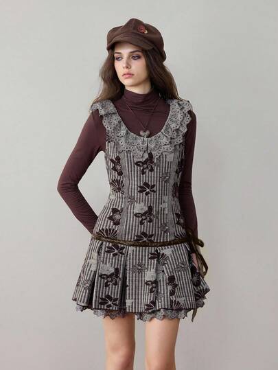 ROMWE Avant Vestido mini con parches de encaje en estilo Hime Gyaru y Mori Kei lindo para mujeres