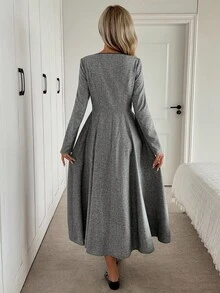Easowa Square Neck Button Front Long Sleeve Cinched Waist A-Line Midi Dress, Casual Loose Elegant Office Wear, Autumn/Winter Square Neck Dress Button Down Dress Gray Dress Women Long Sleeve Dress A Line Dress Winter Dresses For Women  Women's Winter Clothes  Formal Women's Clothes - Grey - View 2