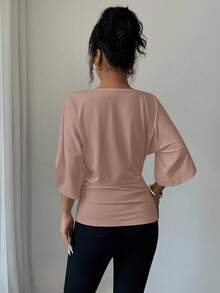 Elenzga 女式纯色蝙蝠袖V领短袖T恤 - 藕粉色 - 查看 2