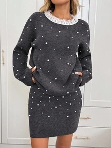 SHEIN LUNE Conjunto elegante de dos piezas gris para otoño para mujer, suéter de manga larga con patchwork de encaje con cuentas y falda, top suelto con borde de lechuga para atuendo de fiesta de cumpleaños - Gris Oscuro - Ver 5