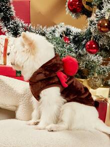 PETSIN 1 Stück Haustier Hund Braun Plüsch Weihnachts Rentier Kostüm - Warme Fleece Kapuzen Strickjacke, Festliches Feiertags Outfit für kleine Hunde mit süßer Geweih Dekoration