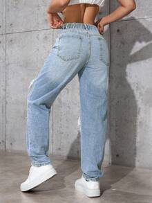 SHEIN ICON Quần jeans denim rách dáng cowgirl mùa hè cỡ lớn dành cho nữ mùa đông - Rửa nhẹ - Xem 2