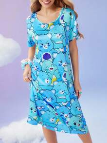 女士可爱卡通 SweetSlumber X Carebears 图案圆领短袖睡衣连衣裙，卡通睡衣，哞哞睡裙 - 彩色 - 查看 6