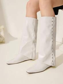 CUCCOO CHICEST Women's Fashionable Versatile Solid Color Knee-High Boots - White - View 5