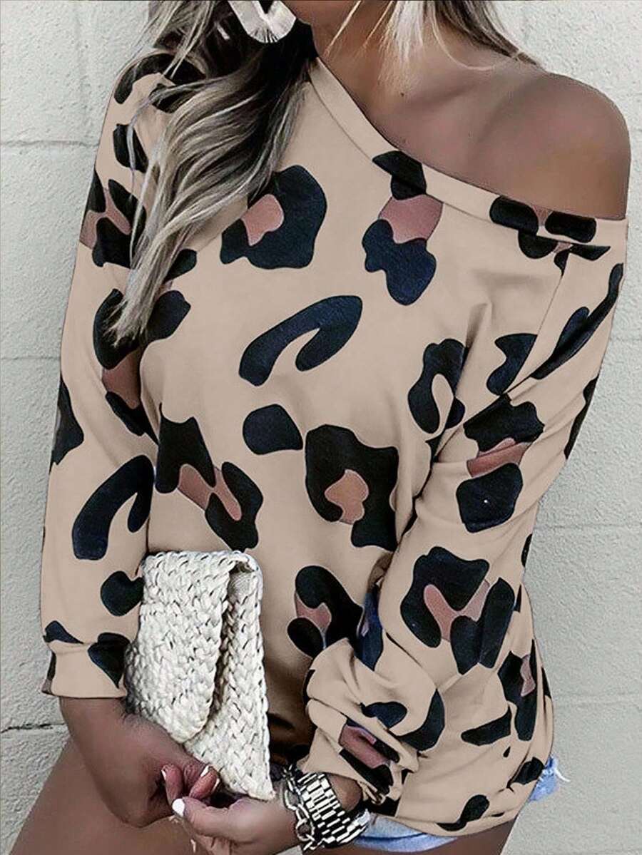 INAWLY Sweatshirt Longgar Bahu Miring Motif Leopard Kasual Wanita untuk Sehari-hari, Musim Gugur - Khaki - View 1