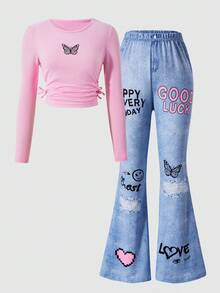 SHEIN Explorewe 2 pièces/set Combinaison ample à manches longues, taille froncée, nœud papillon, motif papillon, style décontracté et mignon, pour toutes les saisons, pour filles - Multicolore - Voir 4