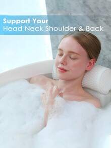 SHEIN 3D Bath Pillow With 6 Suction Cups, Waterproof Non-Slip Spa Bathtub Headrest Pad, Machine Washable Thickened Bath Cushion For Relaxation - White - View 2