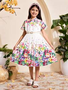 Tween Girl Tiered Ruffle Hem Short Sleeve Elegant Dress - Multicolor - View 4