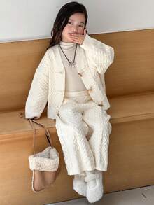 Dazy Kids Young Girls Cable Knit Twist Solid Color Casual Cardigan & Casual Knit Pants Sweater Set - Apricot - View 5