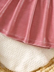 SHEIN Newborn Pink Velvet Dress With Bow Headband And Lace Trim, Sweet Princess Style Fall Winter - Pink - View 7