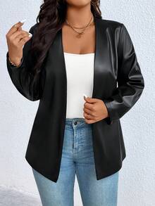 EMERY ROSE Plus Size Women's Front Open PU Leather Blazer Jacket, Autumn Fall Cloth For Women Winter