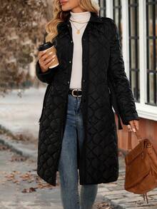 EMERY ROSE Chaqueta larga casual de invierno de un solo pecho de unicolor y manga larga para mujer - Negro - Ver 3