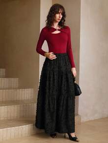 Revavyn Revavyn Women's Elegant Burgundy Autumn Knitted Top,Slim One-Shoulder Ring Buckle Decoration Brushed Bottoming Shirt,Daily Commuting Night Out Tops - Red - View 3