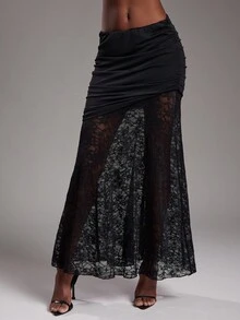 NYA SZN 裙摆高腰修身飘逸褶饰细节蕾丝性感外出夜场派对日常休闲仙女风可爱超长款秋冬适合女性通勤装 - 黑色 - 查看 6