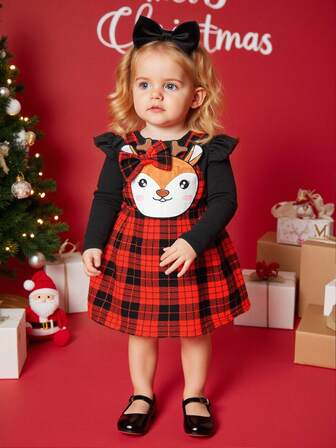 Perso Play 2pcs/Set Baby Girl Spring/Autumn Outfit - Long Sleeve Jumpsuit + Plaid Suspender Skirt + Headband Fall Winter