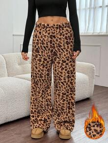 SHEIN Tall Quần nỉ họa tiết da báo mới dành cho nữ, phù hợp cho mùa thu/đông, quần họa tiết da báo, quần họa tiết da báo, quần dài mặc nhà, quần họa tiết động vật, quần vải lông, quần họa tiết da báo cho nữ, quần lông - Màu Khaki - Xem 4