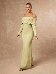 SHEIN Privé Herbst-Winter Feier Party Bankett bescheiden Altgeld Glitzer Feiertags Party Rave Festival Ausflug Urlaub Heiß Outdoor Reichlich geschichtetes Hochzeitssaison Bankett Volljährigkeitsfeier Damen Herbst Off-Shoulder langärmeliges figurbetontes elegantes Strickkleid mit Knopfdesign Off-Shoulder Abendkleid Salbeigrünes Abendkleid Limette Grünes Kleid Damen Langarm Luxus Abschlussball Eid Al-Adha Eid Al-Adha Party Neujahr - Grün - Übersicht 8