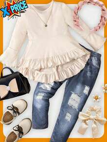SHEIN Young Girl 2 Pieces Of New Long-Sleeved Tops And Jeans For In Autumn
