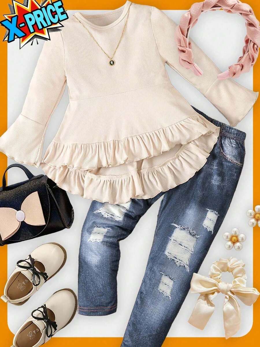 SHEIN Young Girl 2 Pieces Of New Long-Sleeved Tops And Jeans For In Autumn