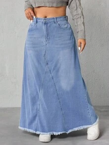 SHEIN ICON Plus Size Casual Frayed Hem Long Denim Skirt, Spring/Summer - Light Wash - View 5
