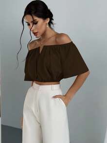 Aloruh Women's Solid Color Off Shoulder Cinched Waist Blouse - Coffee Brown - View 4