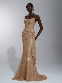 Elitara 优雅的香槟色重彩亮片低胸领口，可拆卸 3D 水钻装饰，侧褶，适合节日、婚礼、派对、毕业典礼、正式活动 - 香檳色 - 查看 6