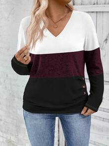 EMERY ROSE Áo thun dệt kim cổ chữ V tay dài ba màu thiết kế thường ngày cho nữ, áo thun họa tiết mùa thu/đông dành cho nữ mùa xuân - Nhiều màu - Xem 4
