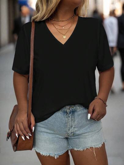 EMERY ROSE 大码女式简约纯色V领短袖休闲T恤
