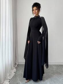 Elenzga 高端奢华中东女士时尚优雅立领百褶连衣裙 - 黑色 - 查看 7