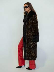 SHEIN ICON Áo khoác lông xù ve áo dài vừa phải màu nâu, cổ lông màu đen, cổ tròn ... - màu nâu - Xem 4