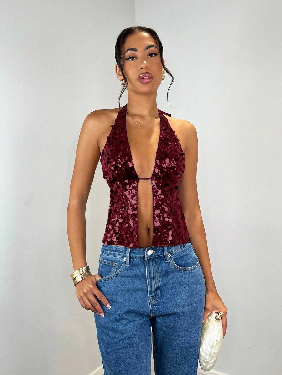 SHEIN BAE 女士优雅露背亮片吊带上衣，适合晚宴、狂欢派对、约会之夜、夜店聚会、秋冬性感装扮、Y2K闪亮圣诞风、圣诞派对女装、节日派对女装、感恩节/性感装扮、夜店风、红色上衣、情人节等场合。 - 酒紅色 - 查看 1