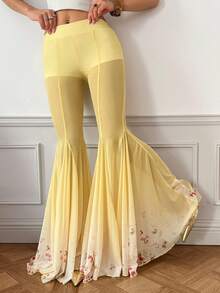 SHEIN ICON Quần ống loe in họa tiết ren gradient ngọt ngào và quyến rũ dành cho nữ có cạp siêu thấp - Màu vàng - Xem 3