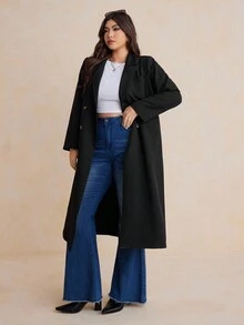 Dazy Plus Double-Breasted Solid Color Lapel Collar Long Fitted Long Sleeve Plus Size Women Casual Commuter Jacket Fall/Winter Women Coats - Black - View 3