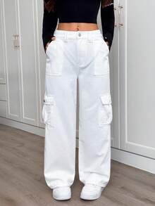 SHEIN PETITE 女式宽腿宽松休闲百搭工装牛仔裤 - 米色 - 查看 3