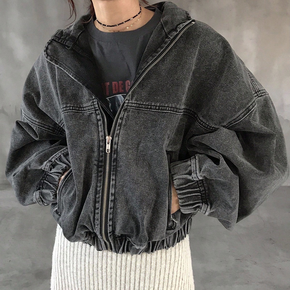 Women's Solid Color Zip-Up Long Sleeve Denim Jacket And Coat Hoodie