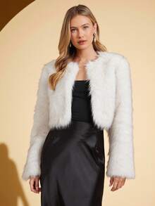 Amorya 女士优雅人造毛皮杏色短款夹克，适合日常穿着和多种场合，秋冬季 - 杏色 - 查看 3